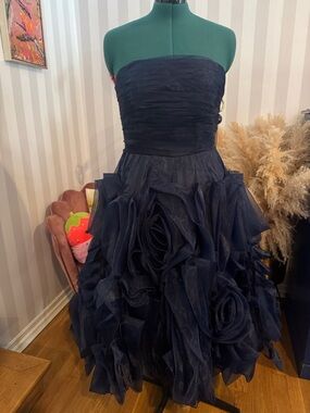 Strapless Navy Rosette Tulle tea length gown